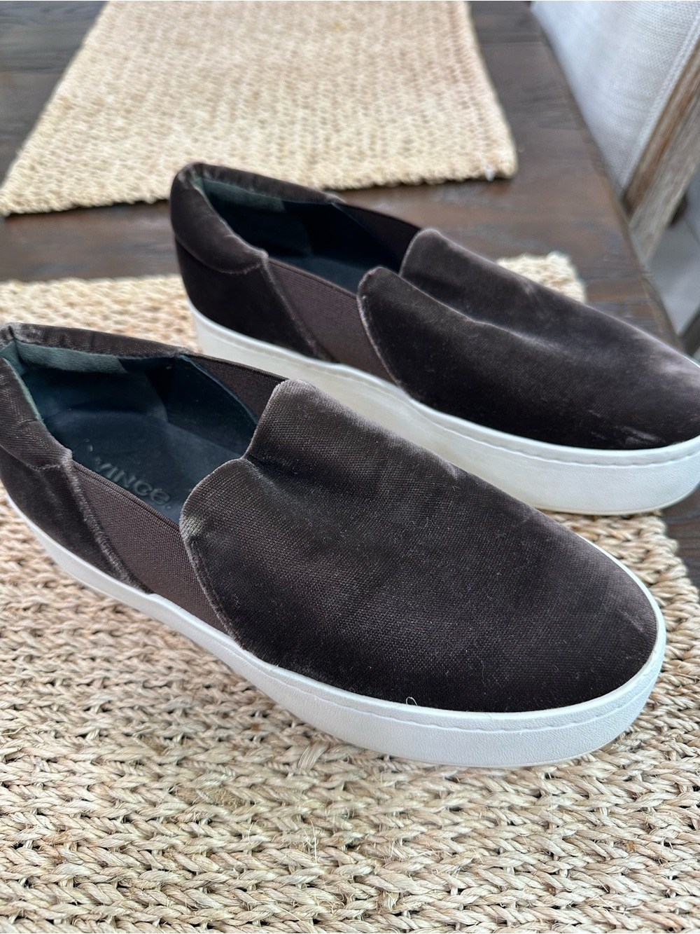 Vince Brown Slip-On Canvas Loafers with White Platform Sole
